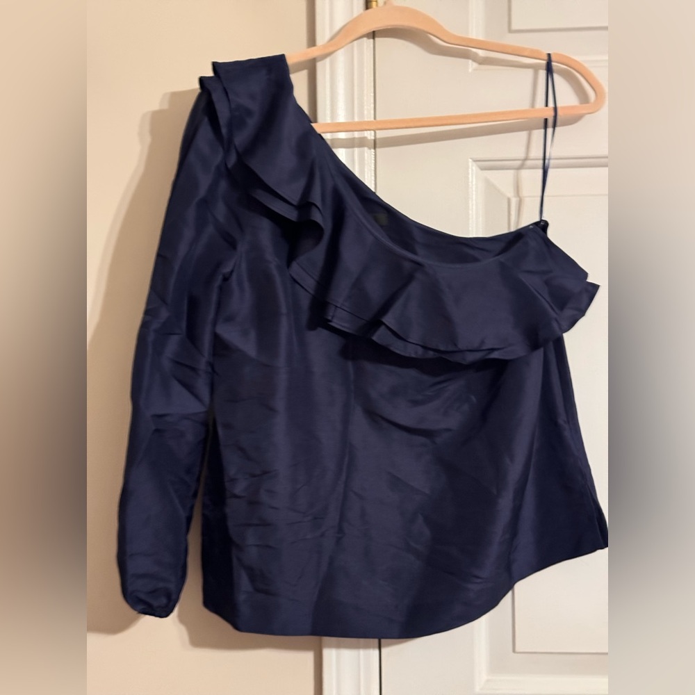 J.Crew One-Shoulder Silk Navy Blouse Shirt *NWT*